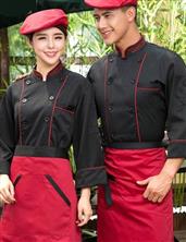 Đồng phục bếp nam nữ màu đen viền đỏ tay dài