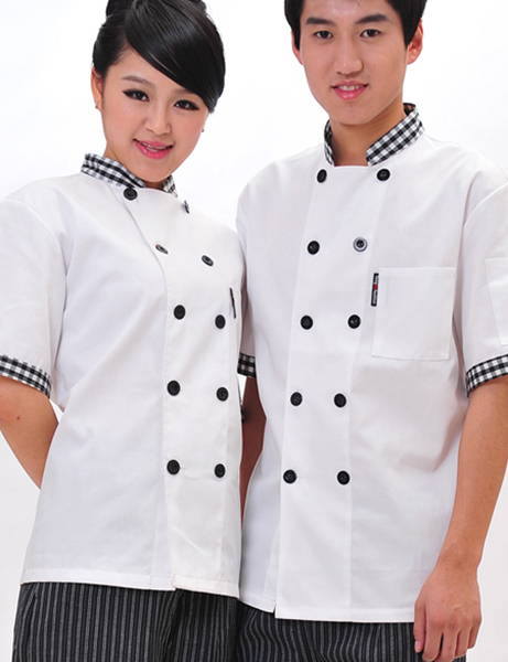 Đồng phục bếp nam nữ trắng viền caro tay ngắn